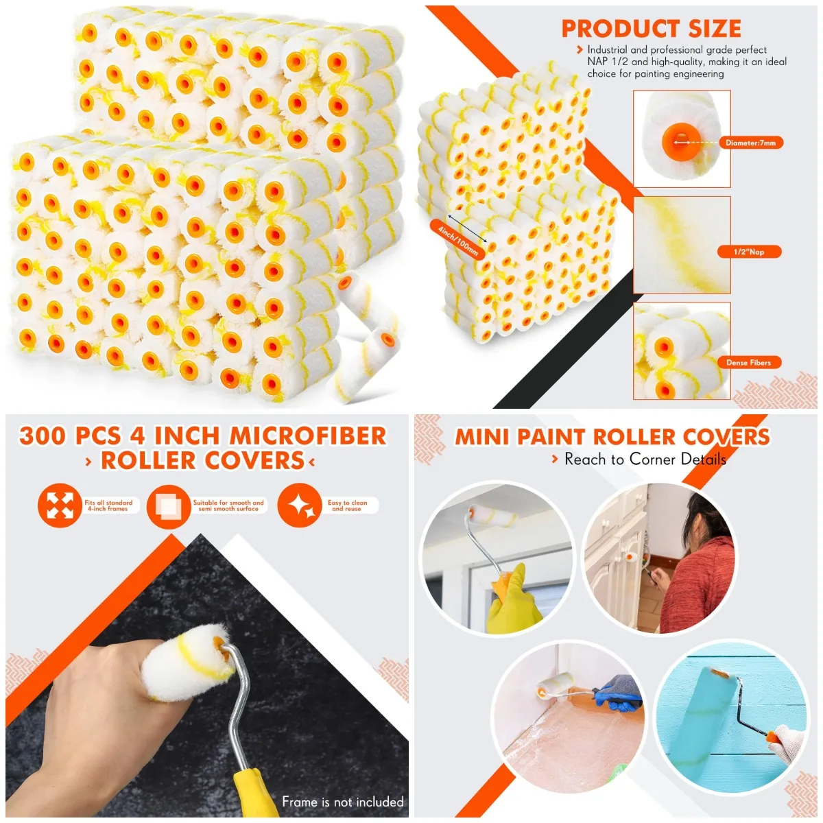 

300 Pcs 4 Inch Mini Paint Roller Covers 1/2' Nap, Microfiber, Yellow & White Home Repair Kit