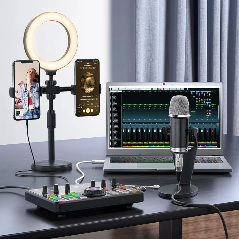 Professional audio sound card and mixer setup condenser microphone