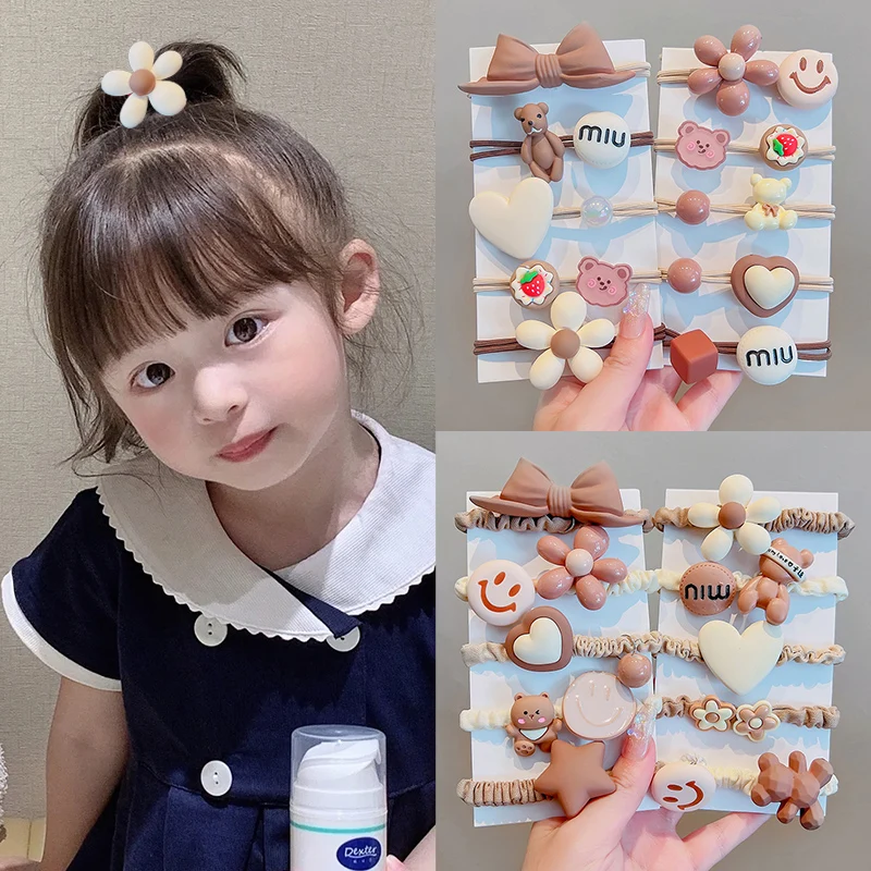 

5/9 Pcs/Set Girls Cute Coffee Cartoon Flower Bow Elastic Hair Bands Children Lovely Scrunchies Rubber Bands Kid Hair Accessories