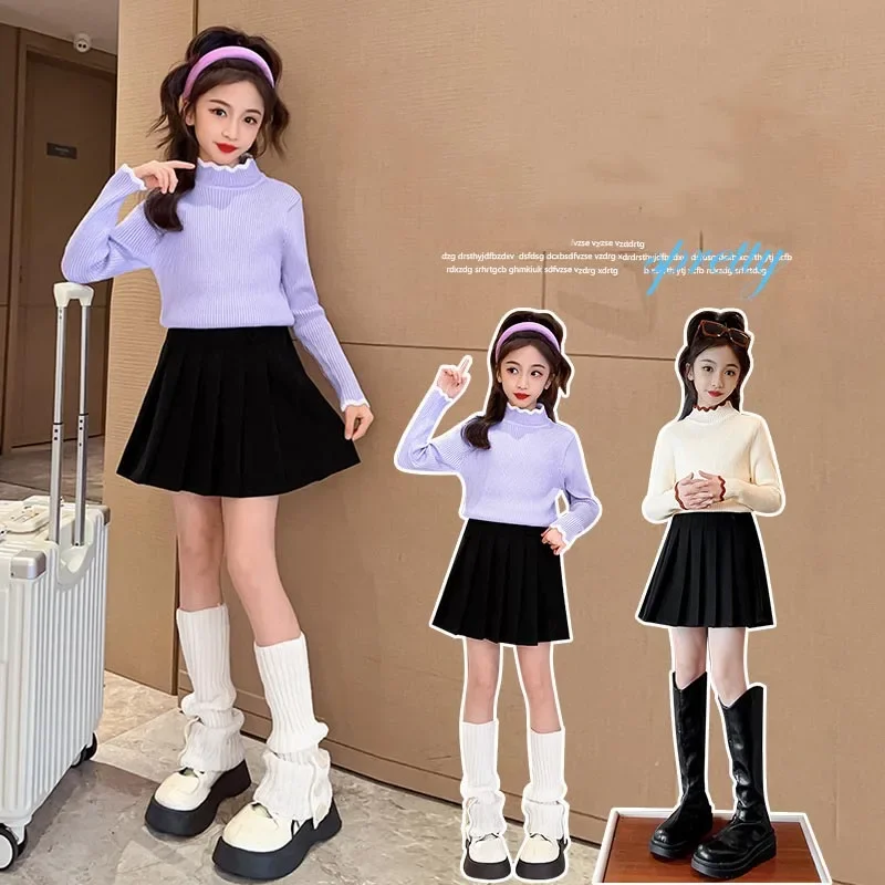 2023 Korean Autumn Winter Junior Girl Kintted Top Teenager Girl Lace High Collar Warm Sweater School Girl Undershirt Kintwears