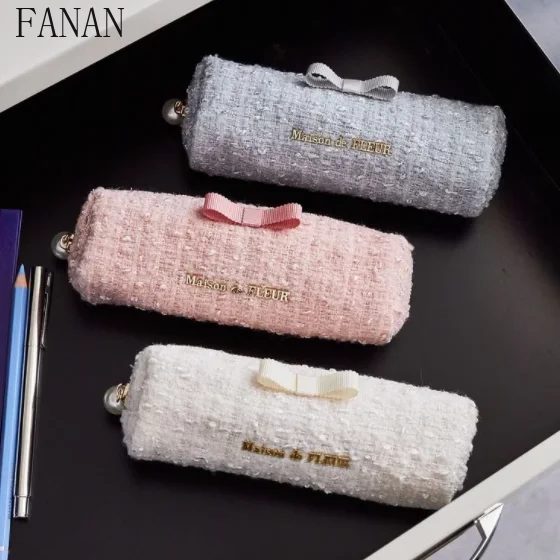 

Japanese Style New Cosmetic Bags for Women Woolen Fabric Cute Bow Make Up Pencil Case Storage Bag Sweet and Cute Makeup Pouch