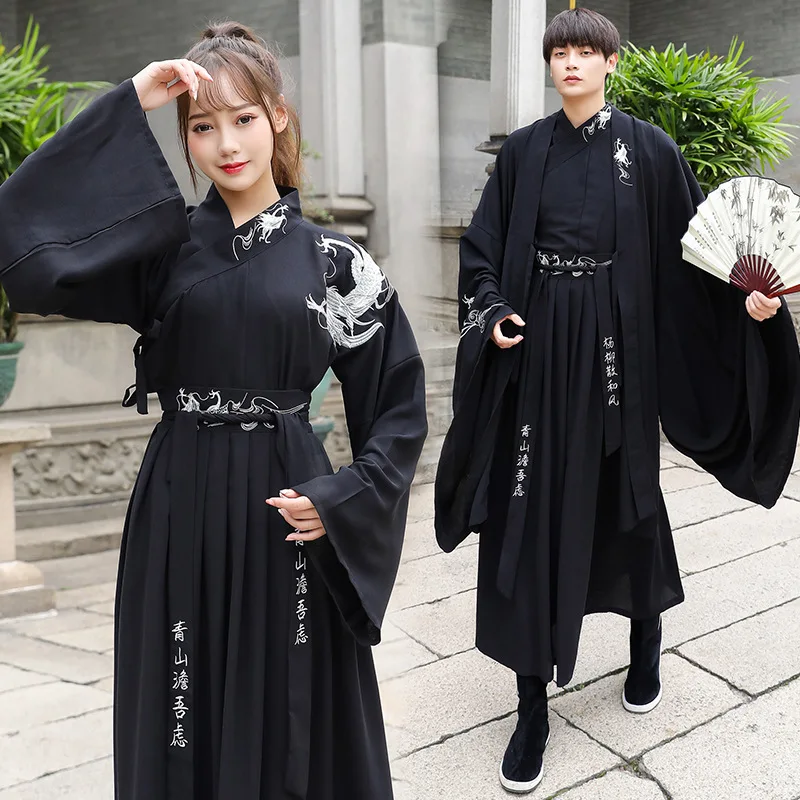 Chinesische traditionelle Hanfu Kleider Männer und Frauen Drachens tickerei schwarz Cosplay Cardigan Paar Kostüme Kleidung 3 Stück volle Anzüge