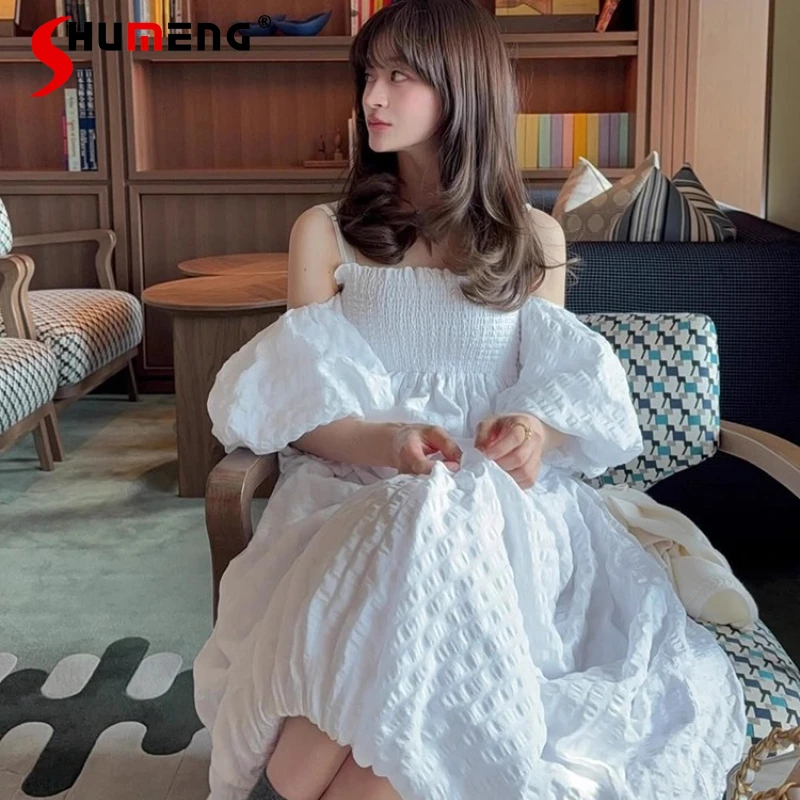 

Japan Style Sweet Elegant White Long Dress Women's High Waist Slim Fashion Off-Shoulder Puff Sleeve Princess Dress Fairy Dress