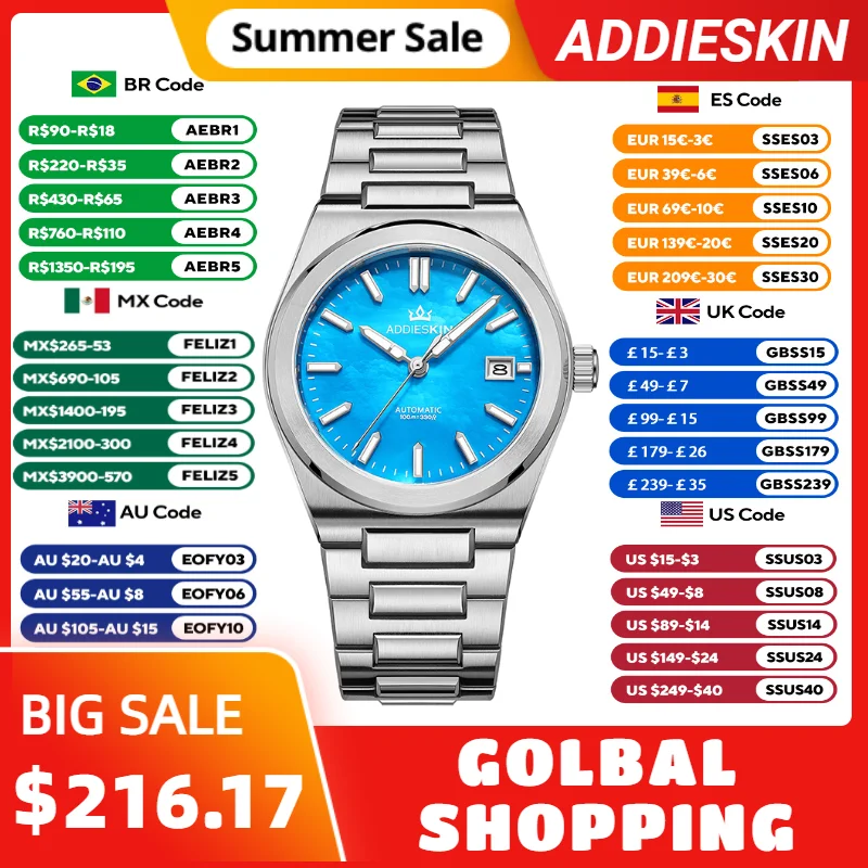 

Natural Mother of Pearl Dial Watch Unique Iridescent Shimmer ADDIESKIN Automatic Mechanical Watch Miyota 9015 Sapphire Crystal