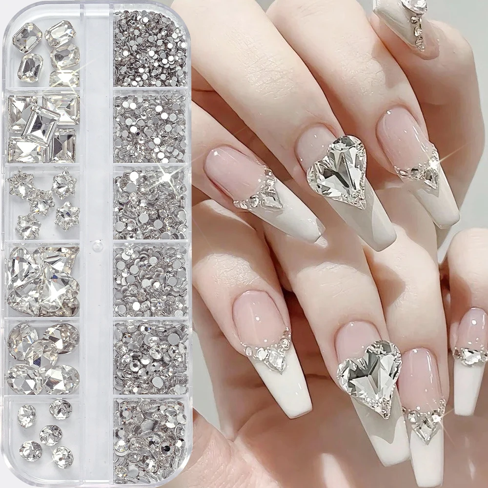 12Grids 3D Clear Glass Mutil-Shapes Nail Rhinestones + SS6-SS16 Round Diamond Crystals Luxury Heart Square Nail Art Gems Decorat