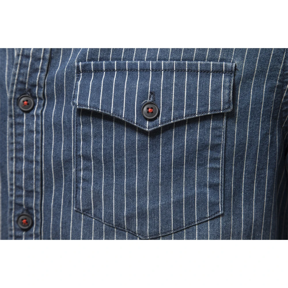 Denim Shirts Men Cotton Striped Stretch Long Sleeve Black Cargo Jean Shirt Quality Blouses Casual Slim Cowboy Shirts For Men