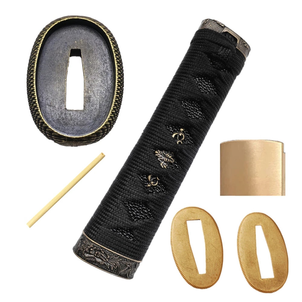 Juego de mango negro de 15cm, accesorios de protección de aleación para espada corta japonesa Wakizashi Tsuba Brass Habaki + accesorio Seppa