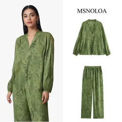 Green Printed Women's 2 Piece Sets Tied Elastic Waist Pants Set Long Sleeve Loose Shirt Top Sets For Women 2 Piece Outfit