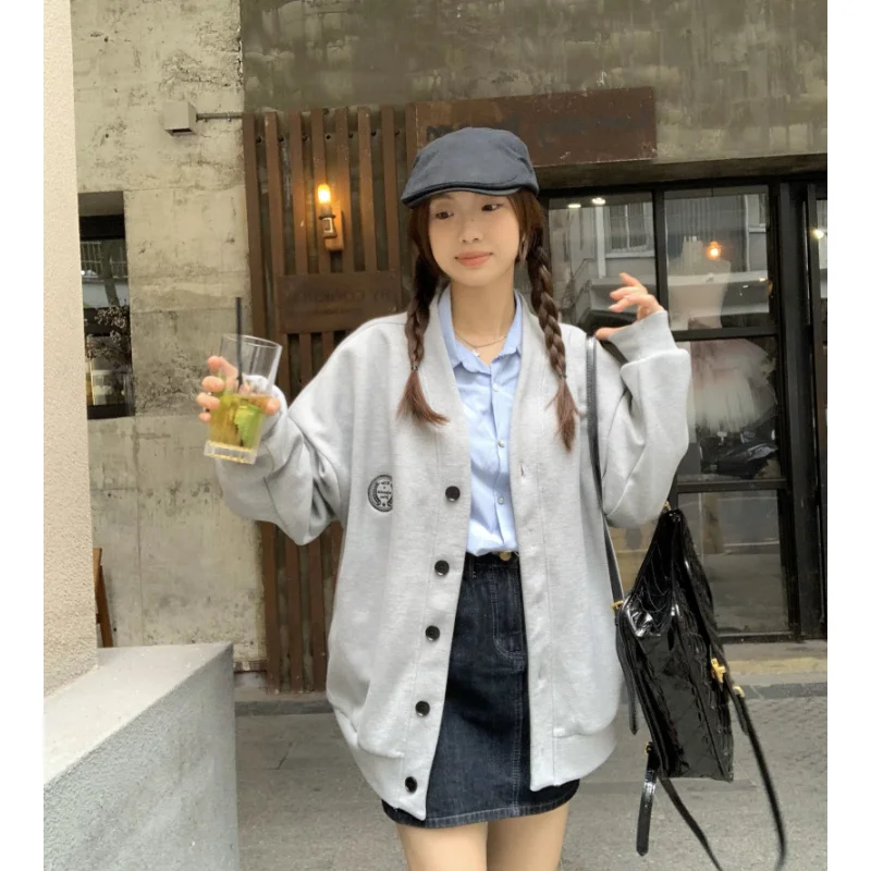 

Grey Jacket Sweatshirt Women Vintage Coat Long Sleeve Streetwear Korean Fashion Casual Y2K Style 2023 Winter Female V-neck Tops