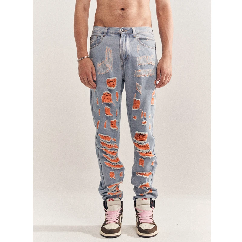 

High Street Designer Wear Fashion Brand Blue Big Damage Beggar Style Orange Brushed Men's Trendy Skinny Jeans