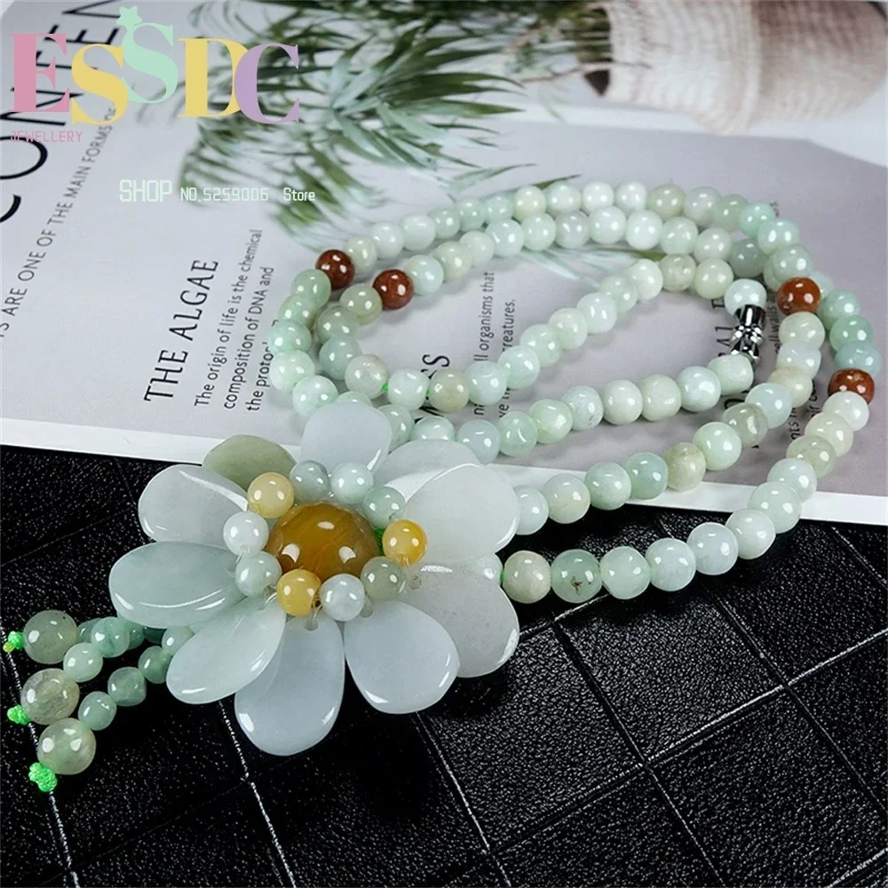 Natural Jade Sunflower Hand Woven Necklace Bead Jewelry Women's Three Color Sweater Chain Retro Classic Personality