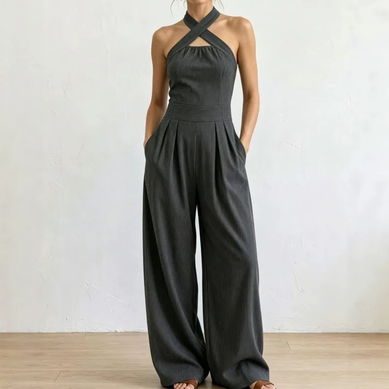 

2026 Summer Jumpsuit Solid Color Hanging Neck Elegant Casual Versatile Simple Fashion Comfortable Daily Style Wide Leg Jumpsuit