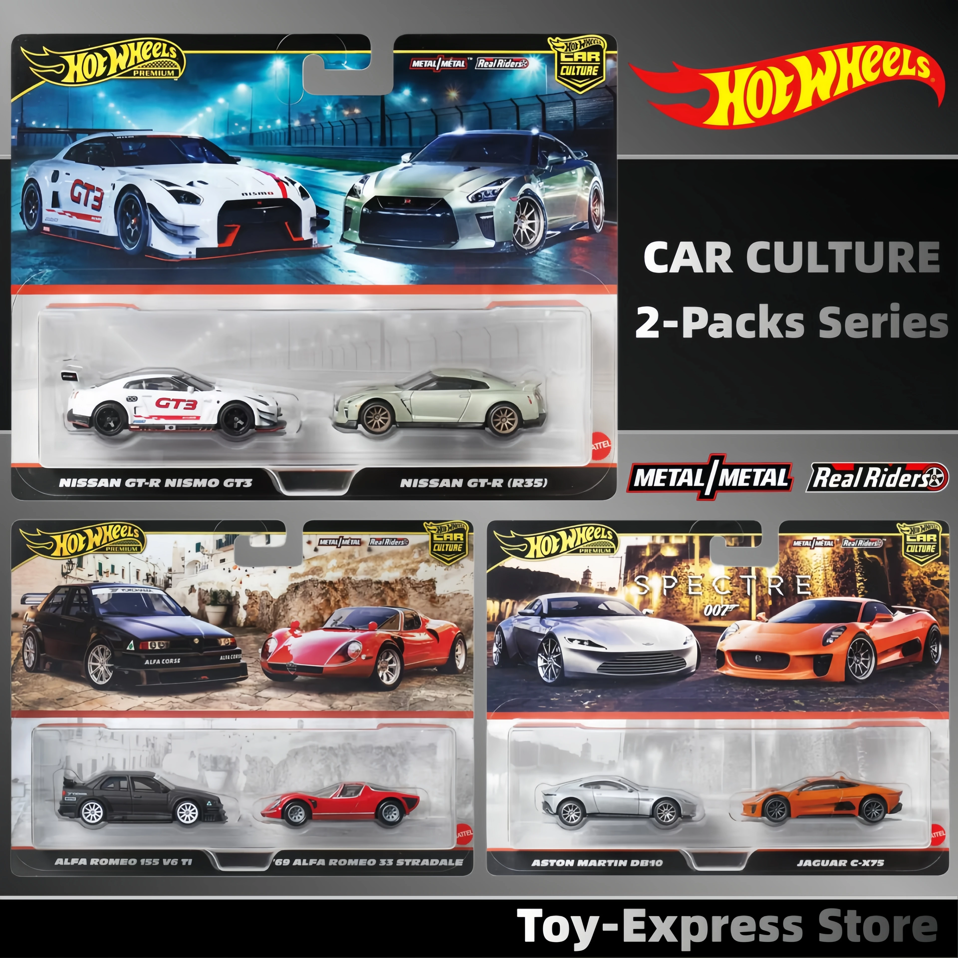 

Коллекционные модели Hot Wheels Premium 2025: наборы из 2 машинок (Aston Martin, Nissan GT-R, Alfa Romeo, Jaguar) в масштабе 1:64, игрушки для детей