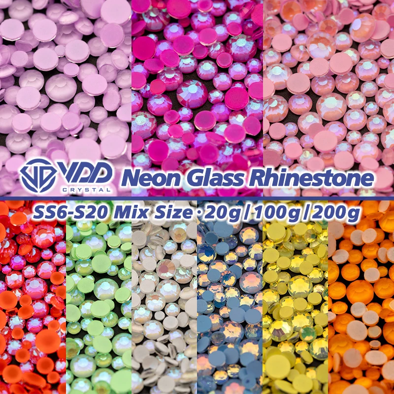 VDD Wholesale New Neon Color Mix Size SS6-SS20 Glass Rhinestones Crystal High Quality Flatback Stones DIY Nail Art Decorations