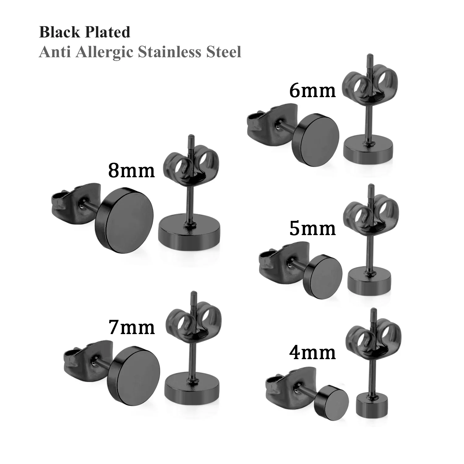 5pairs 4/5/6/7/8MM Round Shape Stud Earrings Set Black Color Hip Hop Classic Piecing for Male Female Punk High Polish Jewelry