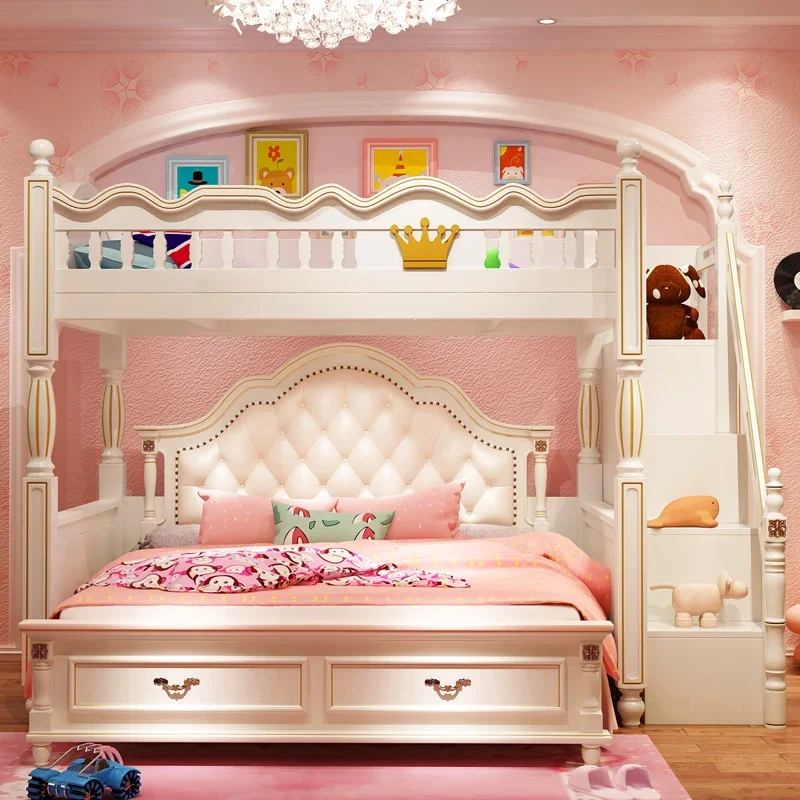 Upper and lower bunk high and low bed with desk wardrobe integrated bed girl princess bed staggered children's furniture set com