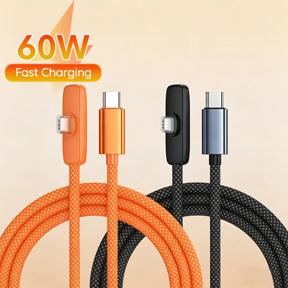 60W USB C to Type C Fast Charging 90° Elbow Data Cable PD USB C Super Charging Game Cable for Samsung S23 S22 Huawei POCO Realme