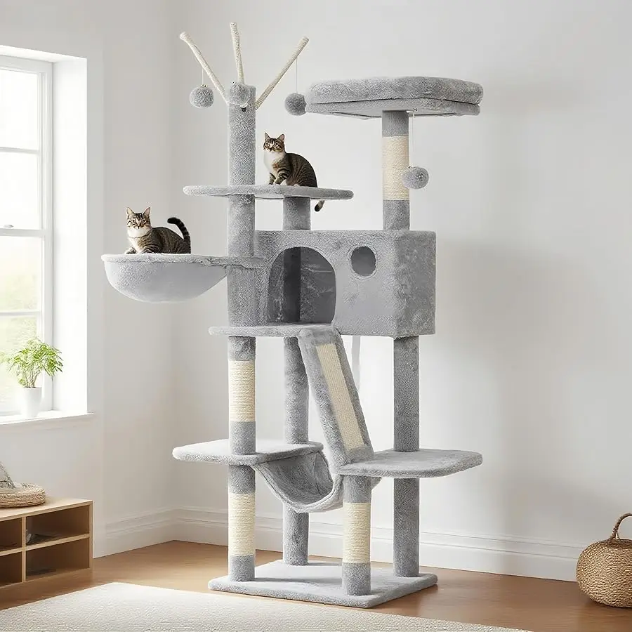

Hey-brother Cat Tree, 53 inch Cat Tower for Indoor Cats, Cat House with Padded Platform Bed, Toy Balls, Large Cozy Condo, Hammoc