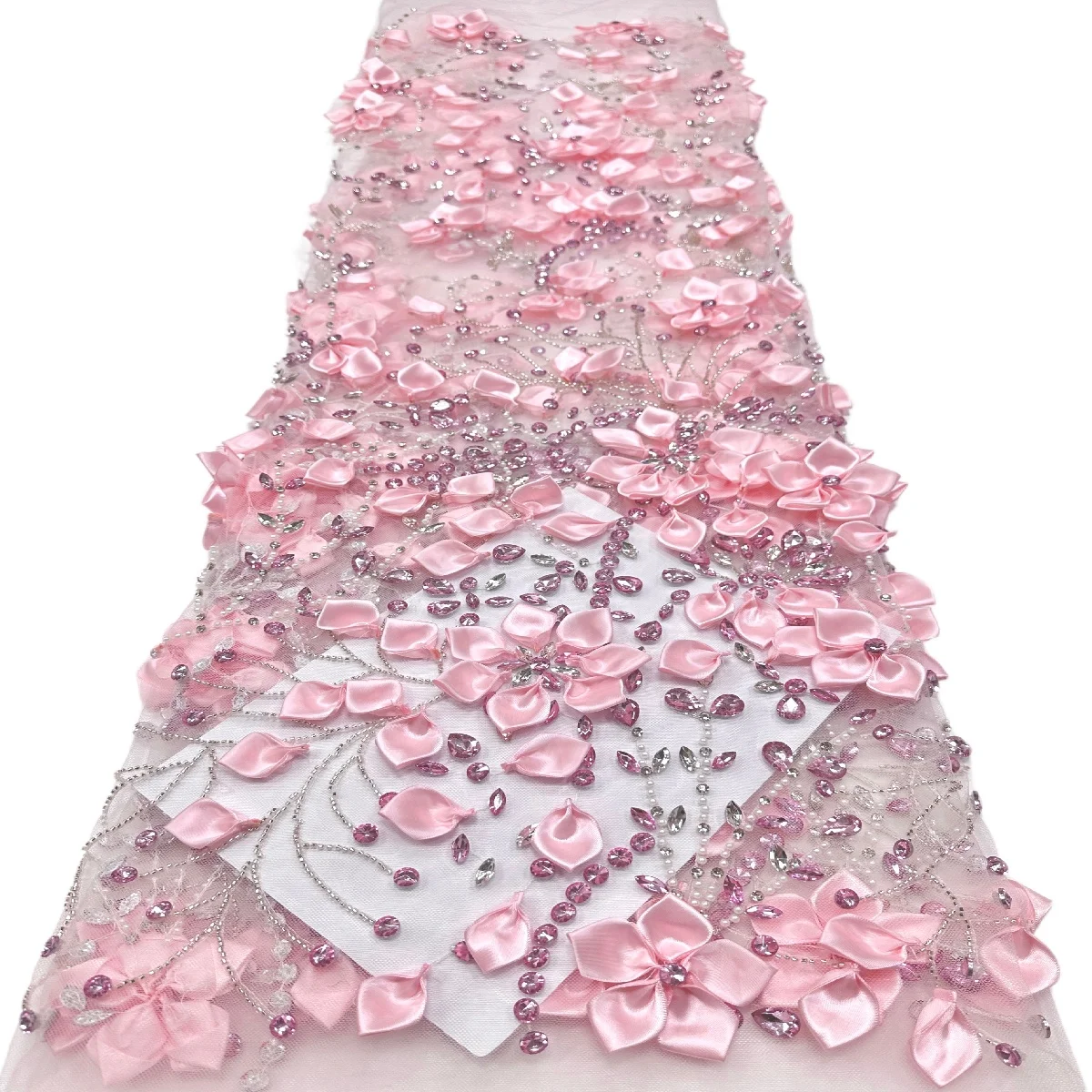 3D Satin Flower Applique Lace Fabric, Lavender Beaded Rhinestone Embroidered Tulle, Luxury African Lace Material for Wedding Eve