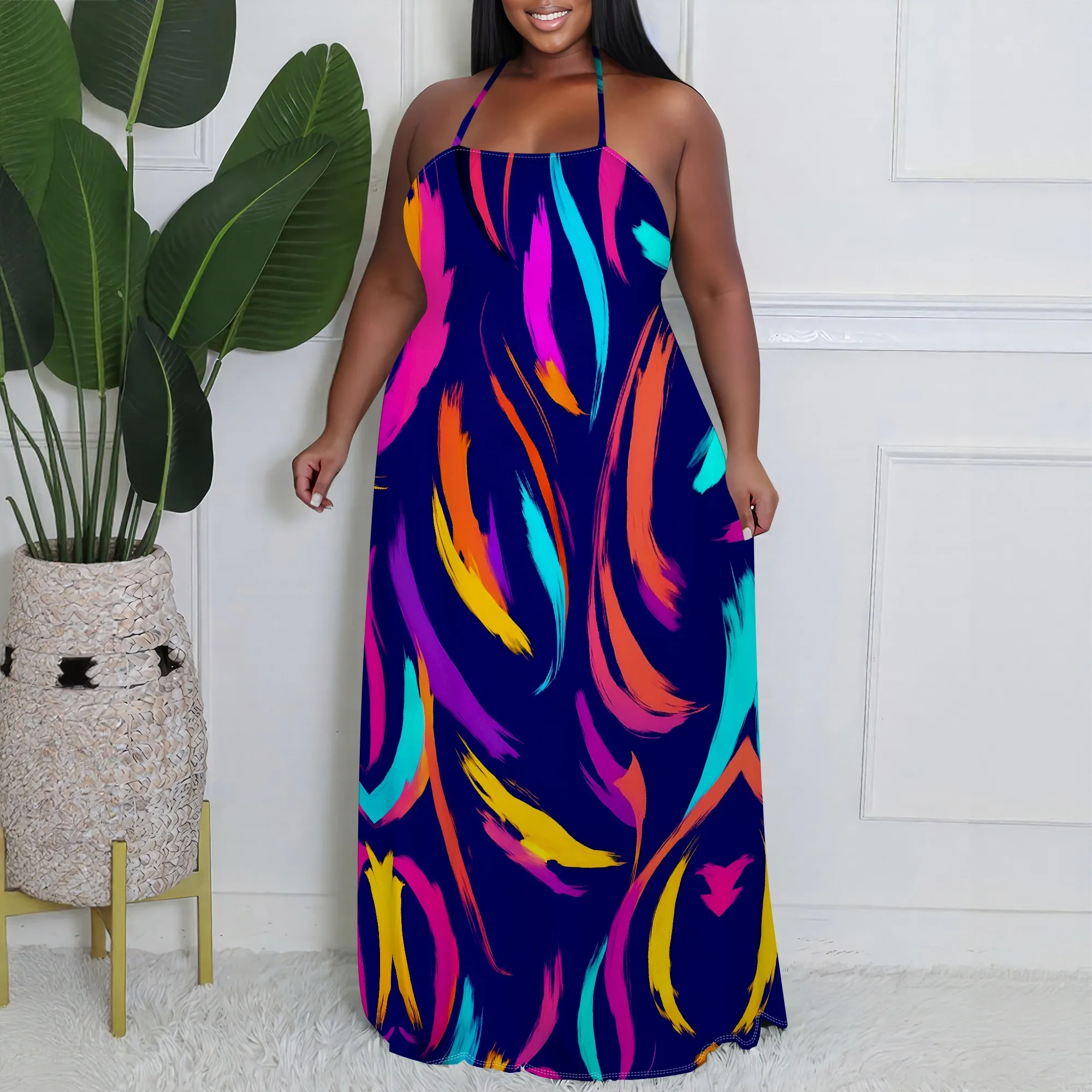 

Plus Size Color Brush Maxi Dress XL-6XL Halter Neck Loose Fit for Juneteenth, Pride Month or Afro Street Festival Look