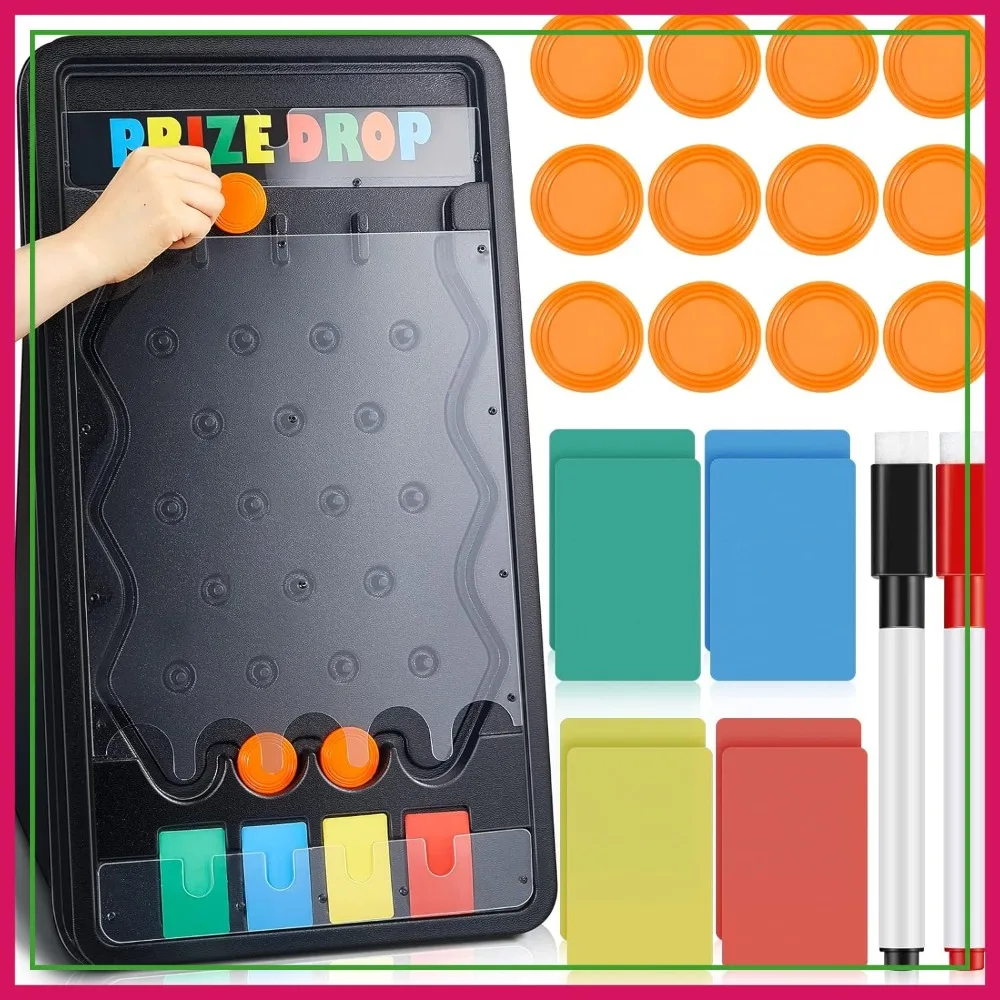 

25x14 Inch Prize Drop Board Foldable Stand, 4 Slots, 12 Pucks, 8 Colored Paper, 2 Markers for Carnival Tradeshow Party