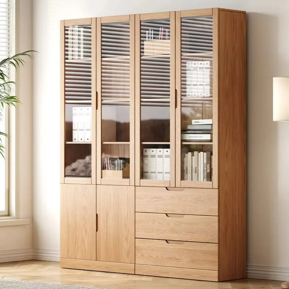 Solid oak bookcase with glass locker, integrated floor-to-ceiling wall-mounted learning file cabinet and bookshelf