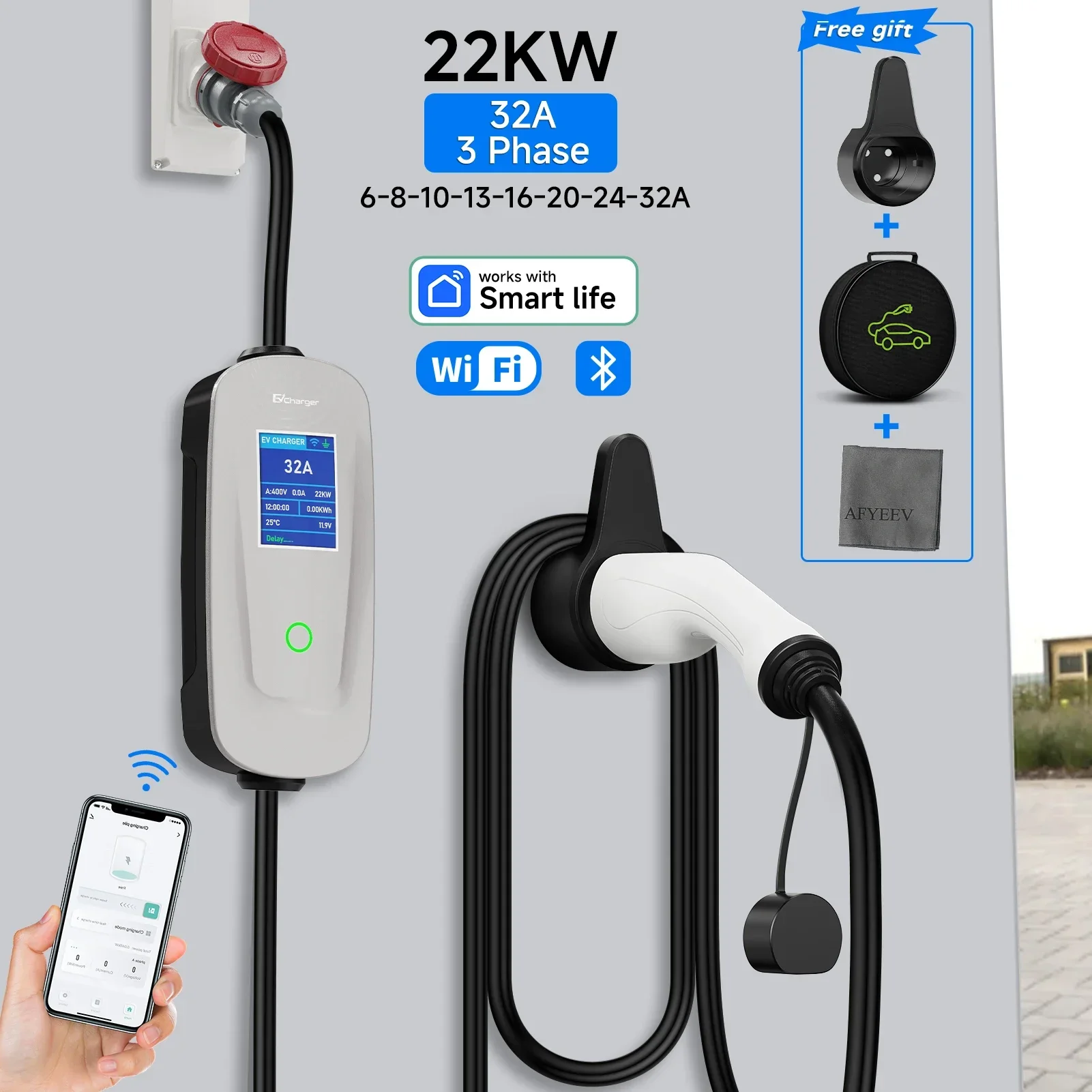 

Portable EV Charger 22KW 32A 3Phase Wallbox Type2 IEC62196-2 EVSE Fast Charging Cable CEE Plug WiFi APP Bluetooth Remote Control