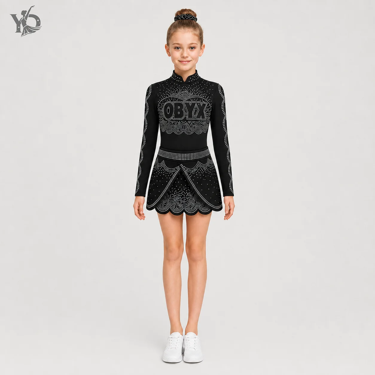 Czarna sukienka cheerleaderki z dżetami dla dziewcząt, z długim rękawem, stójką, błyszczący strój konkursowy do tańca, kostium sceniczny dla dzieci.