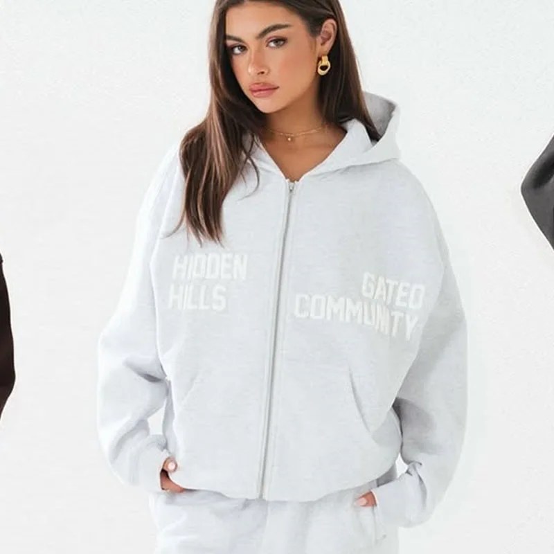Heather-Grauer Doppelseitiger Reißverschluss-Hoodie mit Schaumstoffdruck Übergroße Freizeitjacke – Detail 4