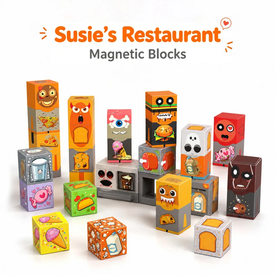 

Susie's Restaurant Magnetic Blocks Set, Funny Food Face Stacking Cubes, DIY Cartoon Puzzle Building Toy for All Ages