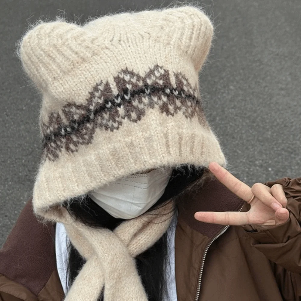 

Sweet Fair Isle Style Jacquard Knitted Hat Ethnic Style Printed Printing Knit Cap Fleece-lined Cute Knitted Hat Scarf Set Girls