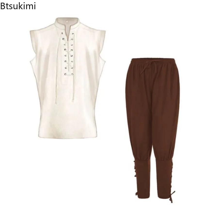 2025 Medieval Men's Cotton Linen 2pc Sets Renaissance Victorian Men Lace-up Stand Collar Tops Pants Casual Suit Cosplay Costumes