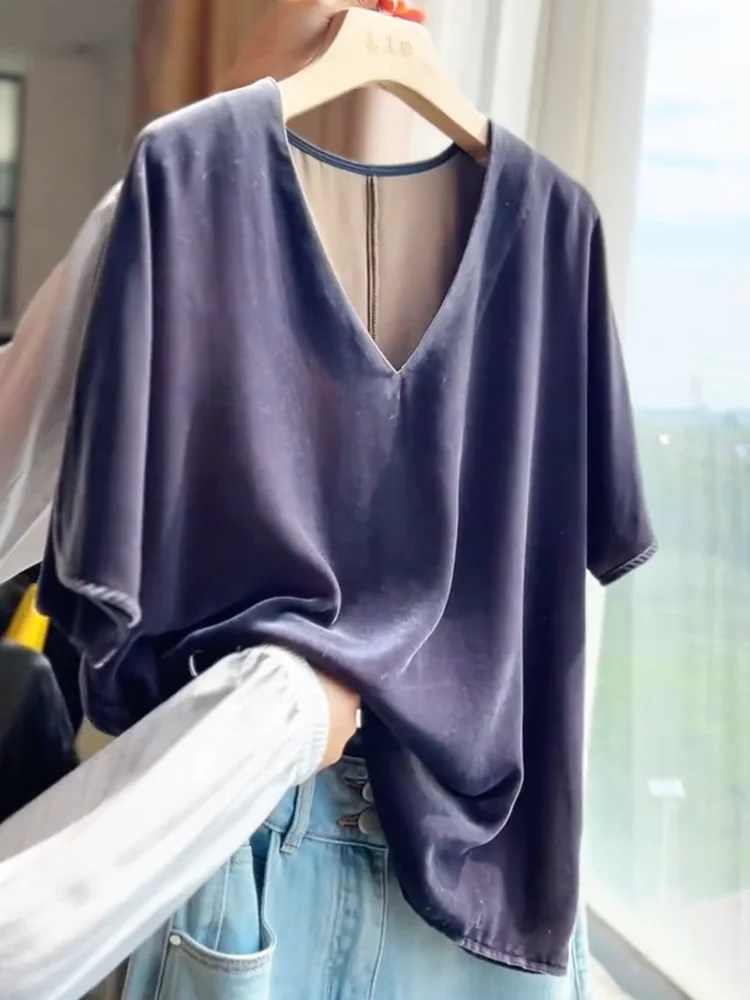 

Топ Ele Velvet V-Ne Faionable, большие размеры, лето 2025 г., универсальная повседневная одежда для похудения, удобная футболка ort Sve