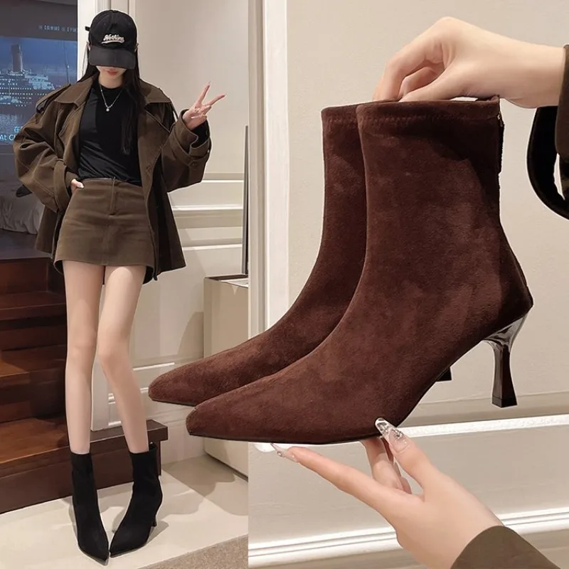 

Pointed Toe Women's High Heel Ankle Boots Fashion Elegant Dancing Party Shoes Autumn Winter Women's Stretch Slim Short Booties