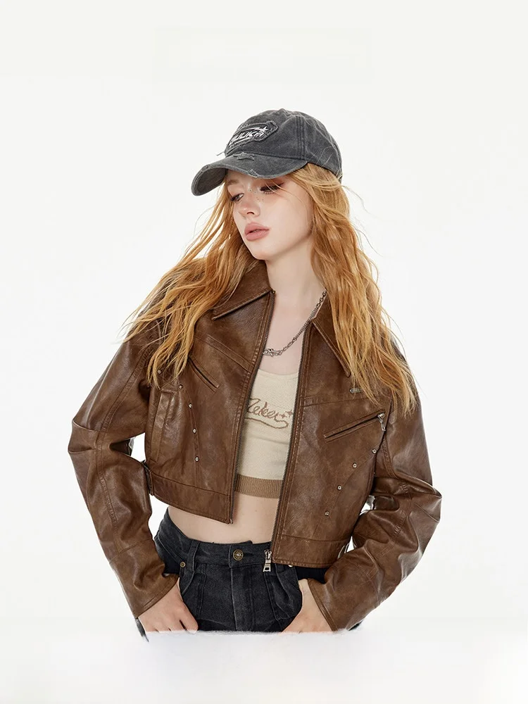 Coffee Brown Short Jacket Women's Autumn Caramel Color Jacket Brown Leather Shirt Mermaid Matching Top Street Style Loose Fit