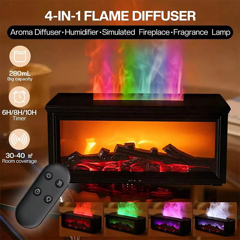 Eseential Oil Diffuser, Fireplace Flame Oil Diffuser - Aromatherapy Aroma Humidifier, Upgrade 7 Flame Colors Noiseless 280ml