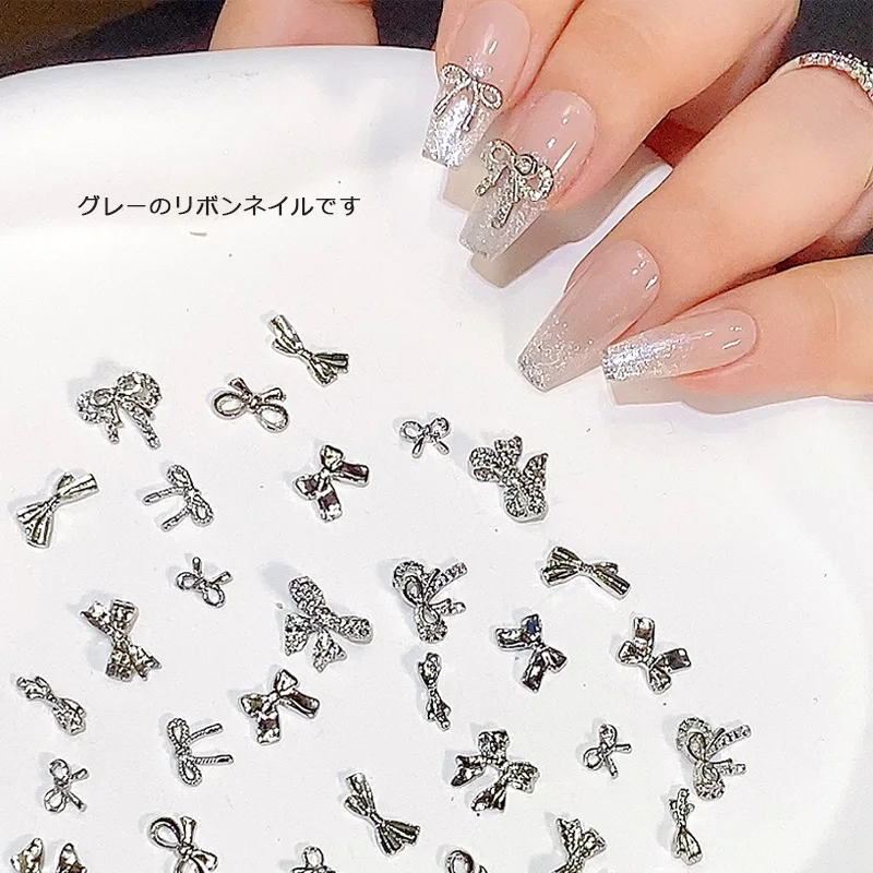 TSZS 10pcs 3D Silver Multi-Designs Bowknot Ribbon Nail Art Jewelry Charms Grey Rhinestones 3D Bow Shaped Alloy Nail Decoration