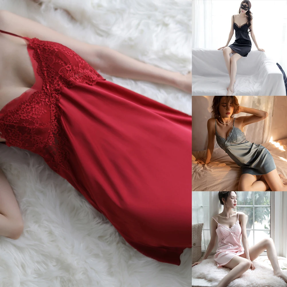 Women Chest Pad Sleepwear Dress Backless Strap Nightgown Lace Hot Temptation