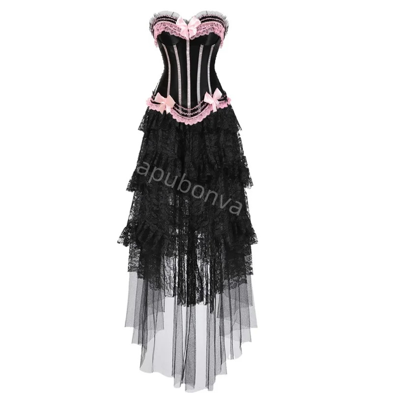 

Corset Dress Costume long skirt Set With Lace Bustier Costume Party Sexy Burlesque Ladies Outfit Plus Size Gothic Halloween pink