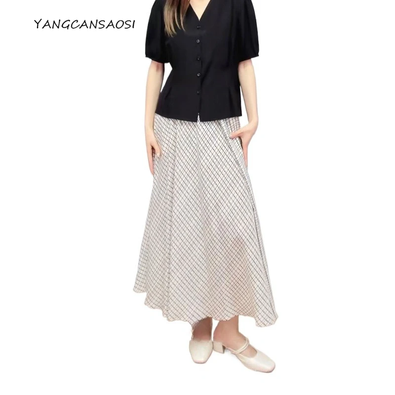 レディースファッション衣料品 3.7m 超大型ベージュグリッド柄 100% 天然桑絹クレープデシン斜めカットスカート