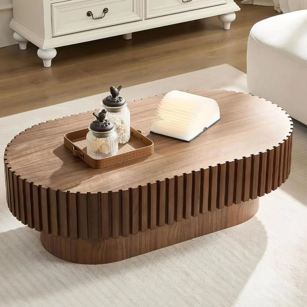 Oval Coffee Table for Living Room Fluted Coffee Table with Pedestal Modern Handcrafted Wood Centre Table Tea Table Home Furnitur