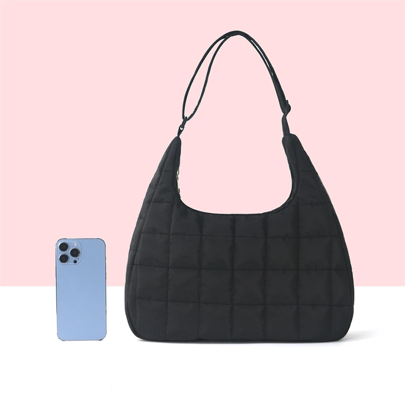 Minimalistische, gesteppte, voluminöse Tragetasche, modische Damen-Handtasche im Hobo-Stil, große Kapazität, gepolstert, tragbar, Winter-Schultertasche für den täglichen Gebrauch. – Detail 8