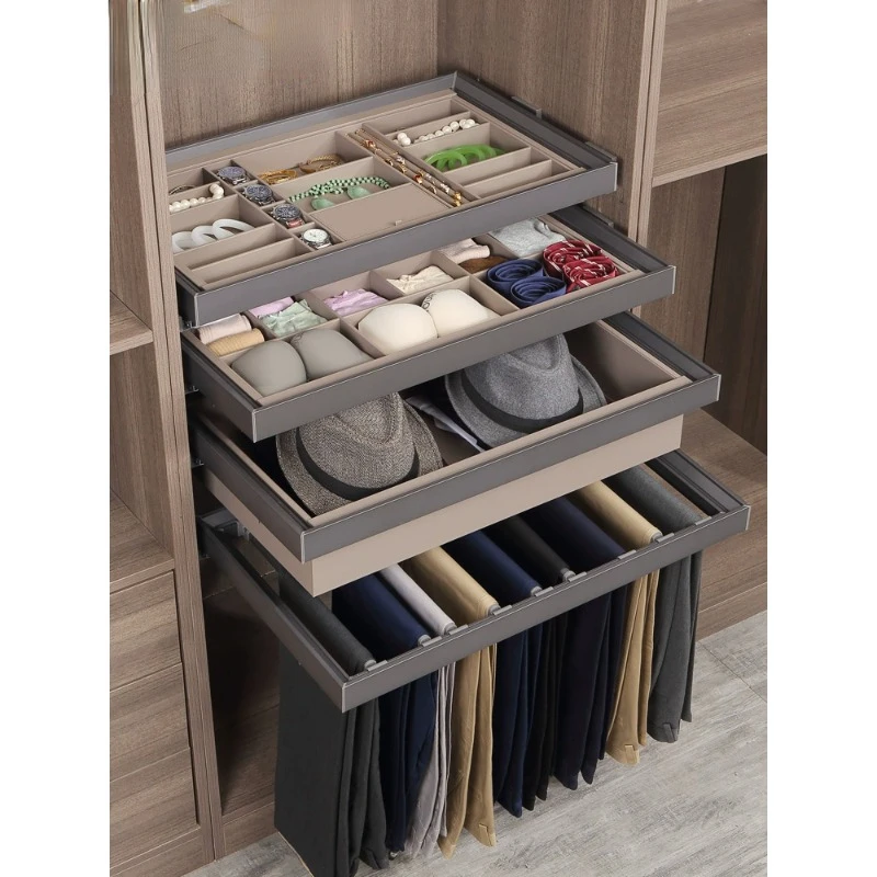 Wardrobe basket, jewelry box, drawer style plaid drawstring, built-in drawstring pants rack, retractable slide rail pants