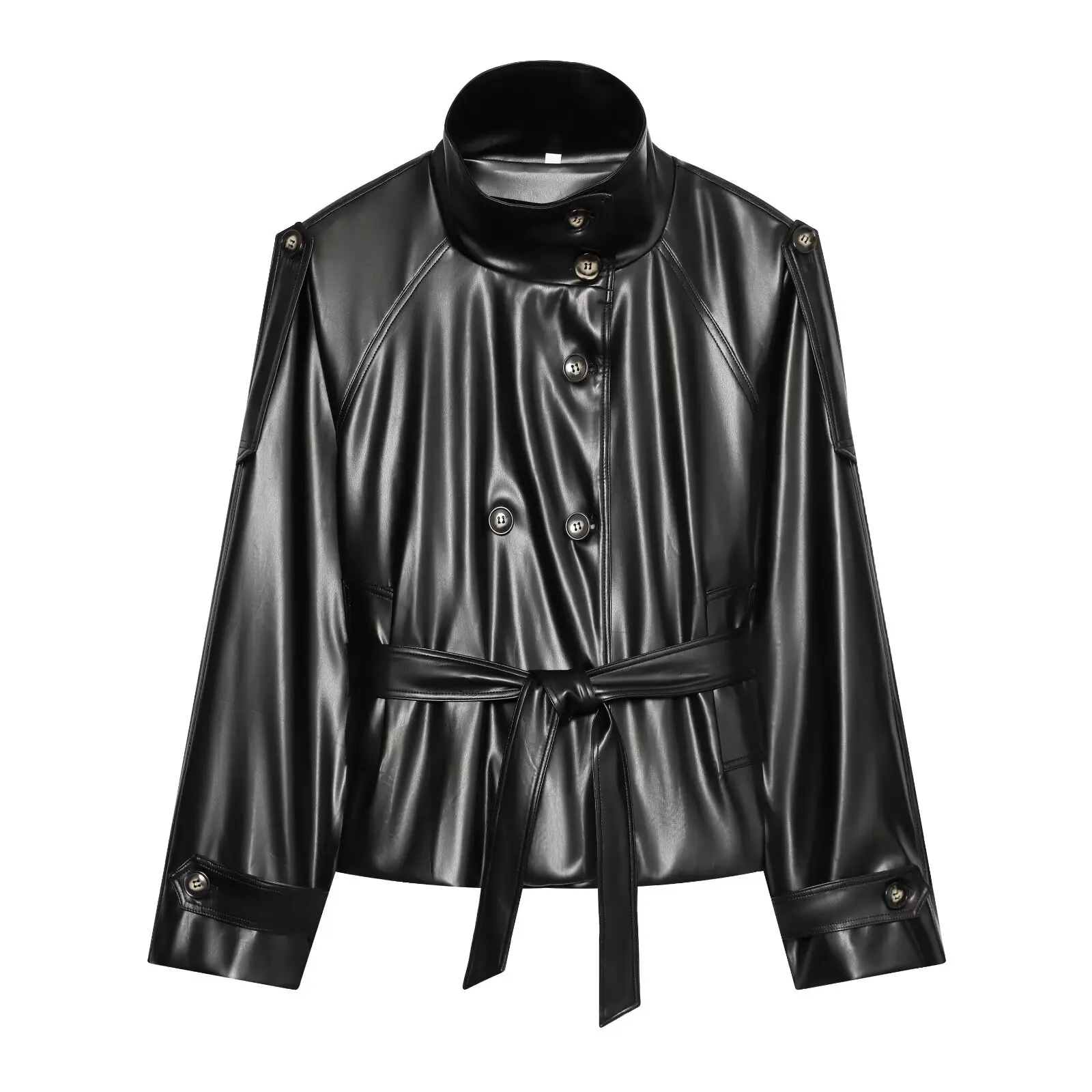 Women's Short Leather Effect Trench Coat, Lapel Double Breasted Windbreaker with Belt, Vintage Faux Leather Jacket
