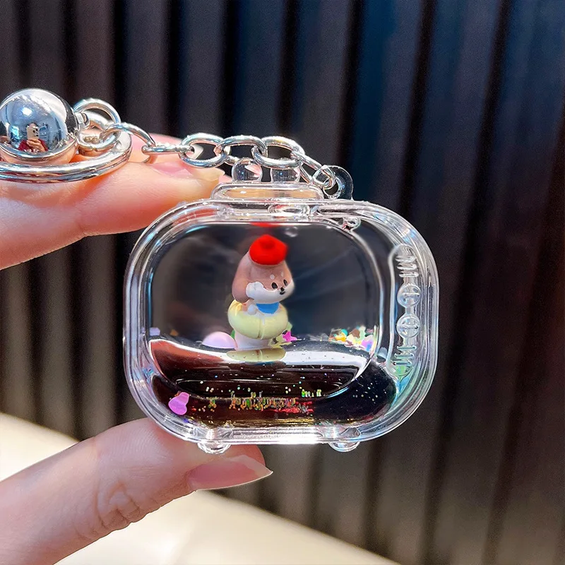Cartoon TV Lollipop Liquid Keychain Quicksand Sequined Puppy Doll Marine Animals Key Chain Bag Pendant Hanging Keyring Gifts