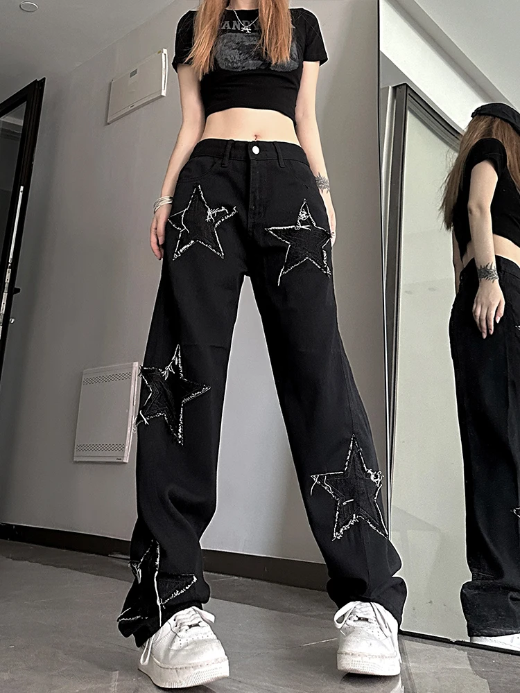 Jeans Women Casual Vintage Classic Denim American Stylish Black Star Tassel Spicy Girl Y2K Chic High Waist All-match Streetwear