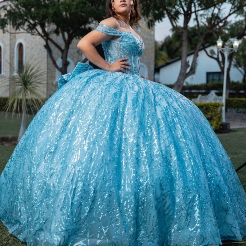 

Blue Shiny Quinceanera Dresses Off Shoulder Ball Gown Sweet 16 Dress Sequin Applique Beading Crystal Bow Corset Tull Birthday