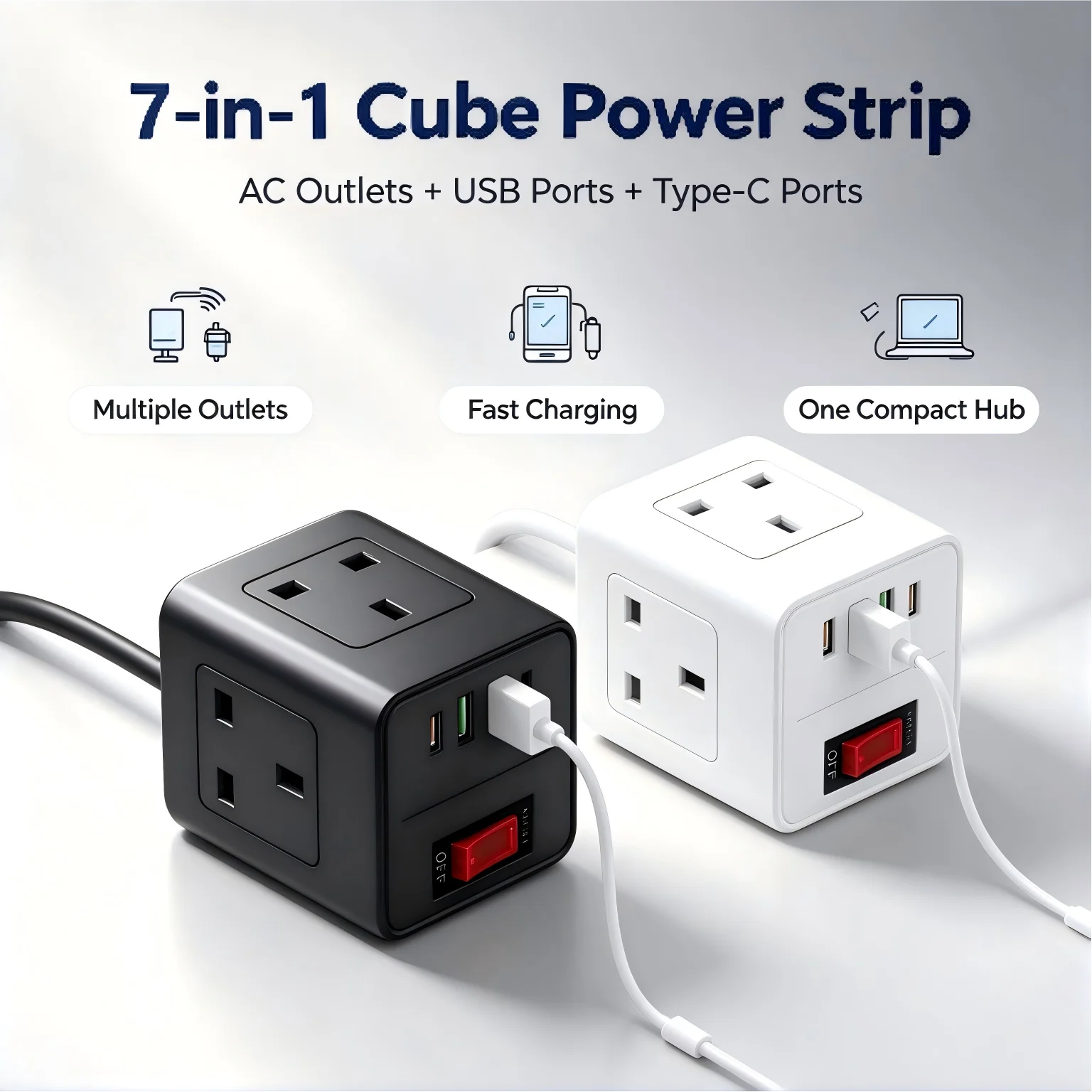 7 in 1 Cube Power Strip UK Plug 3 AC Outlets 2 USB A 2 Type C Ports Extension Socket with On Off Switch Compact Power Hub for Ho