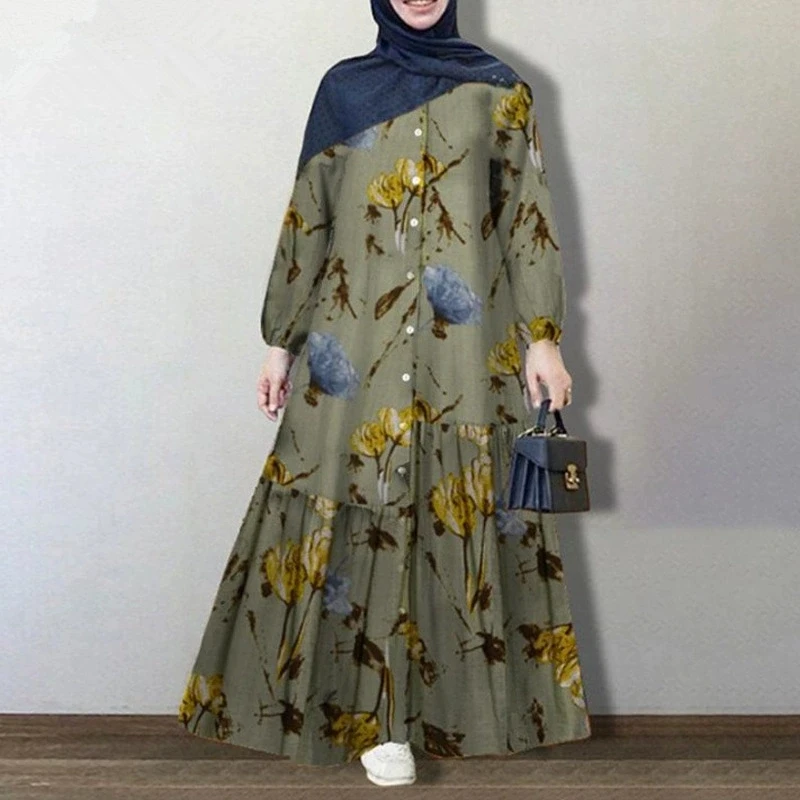 فستان رمضان العربي الإسلامي القطني والقنب المطبوع برقبة دائرية وأزرار وأكمام طويلة وأكمام مطاطية فاخرة وفضفاضة كاجوال