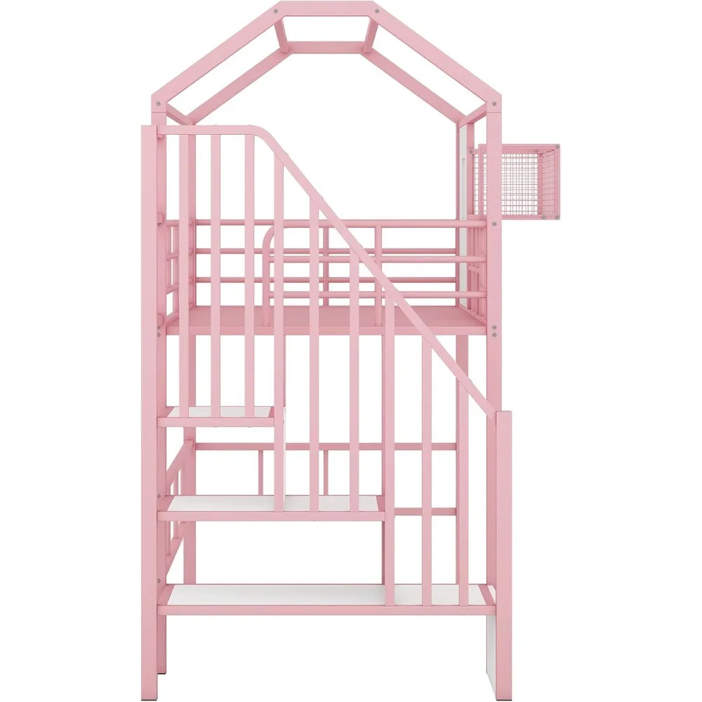 Twin Size House Loft Bed with Stairs and Storage Box, Cute Metal Loft Bed for Kids Bedroom, No Noise, Pink image 6